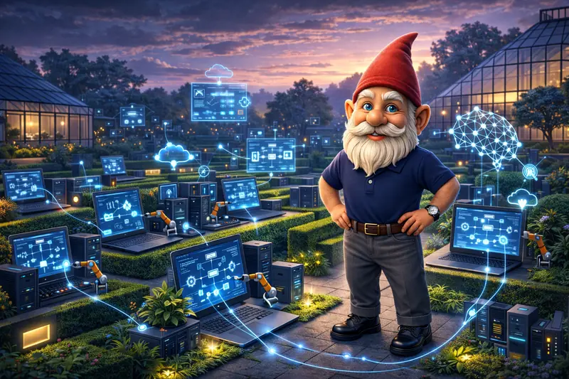 TechGnome gnome characters representing the team, working together in a whimsical garden workshop