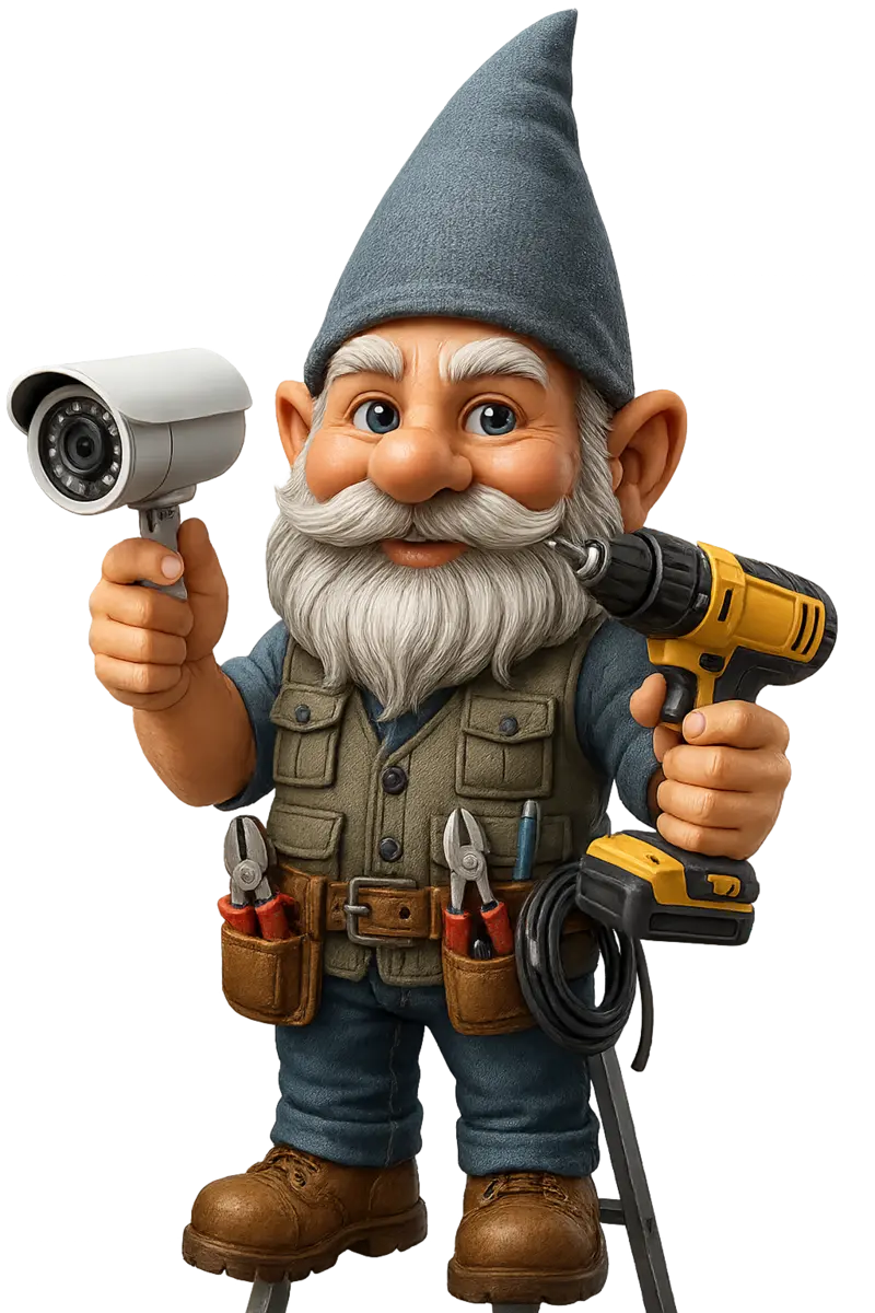 Garden gnome in a grey hat holding a security camera and power drill with a tool belt, representing TechGnome surveillance installation services