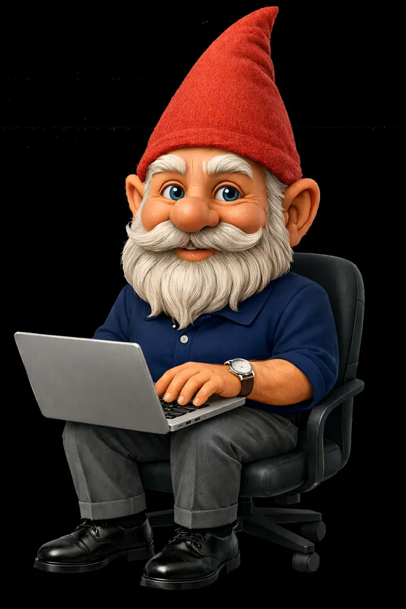 Garden gnome in a red hat sitting in an office chair working on a laptop, representing TechGnome web development services
